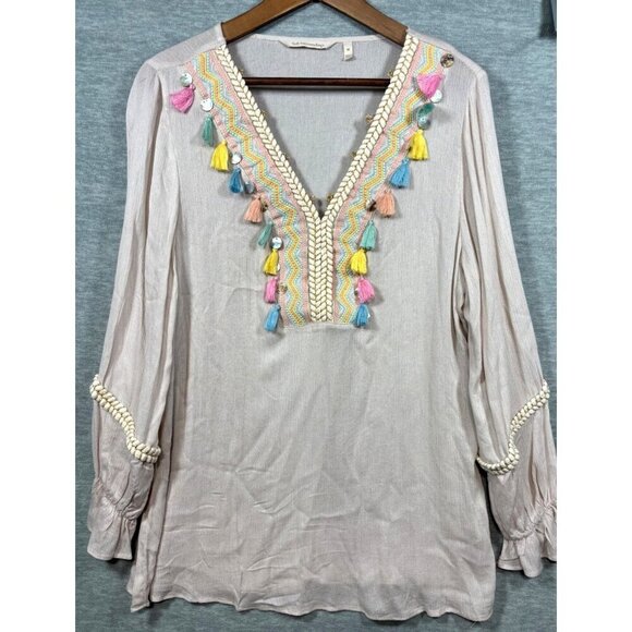 Soft Surroundings Tassel Embroidered V-Neck Blouse M Beige boho - Picture 1 of 6